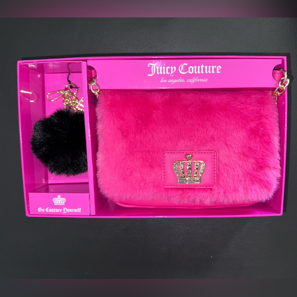 Juicy Couture Dark Pink Fluffy Bag Keychain Box Gift Set